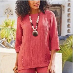 Soft Surroundings Oceo Crinkle Gauze‎ Tunic Coral Ramie Rayon 2X Boho Top